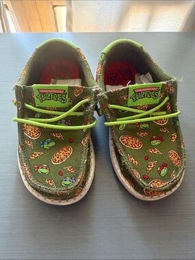 Hey Dude Kids Green Slip-On Sneakers with Pizza & Turtle Print